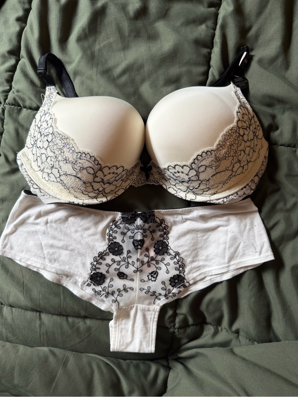 Victoria's Secret Cream and Black Lace Push-Up Bra & Brief Set